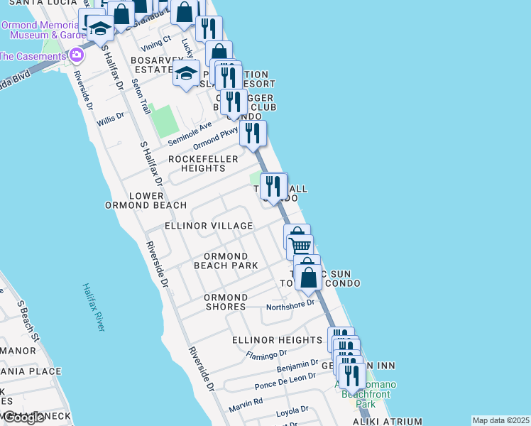 map of restaurants, bars, coffee shops, grocery stores, and more near 56 Byron Ellinor Drive in Ormond Beach