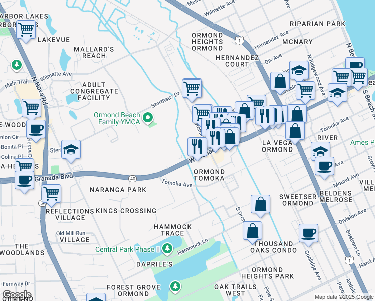 map of restaurants, bars, coffee shops, grocery stores, and more near 500 West Granada Boulevard in Ormond Beach