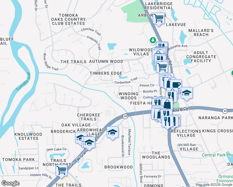 map of restaurants, bars, coffee shops, grocery stores, and more near 14 Winding Woods Trail in Ormond Beach