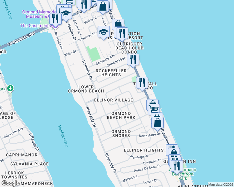 map of restaurants, bars, coffee shops, grocery stores, and more near 6 Cypress Circle in Ormond Beach