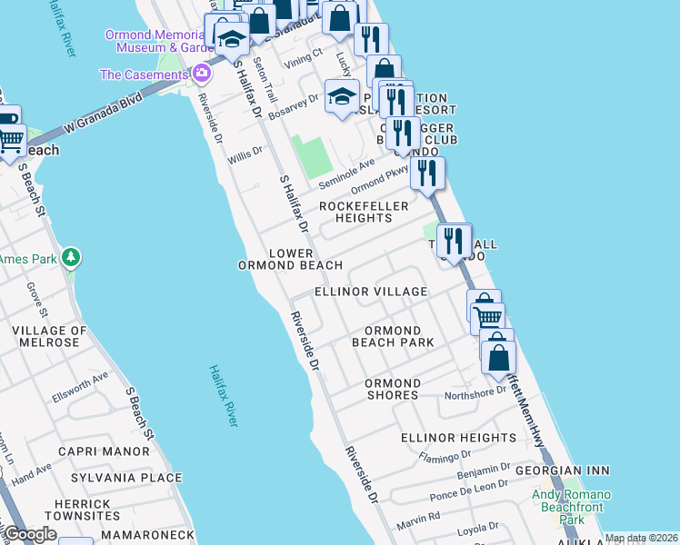 map of restaurants, bars, coffee shops, grocery stores, and more near 113 Arlington Way in Ormond Beach