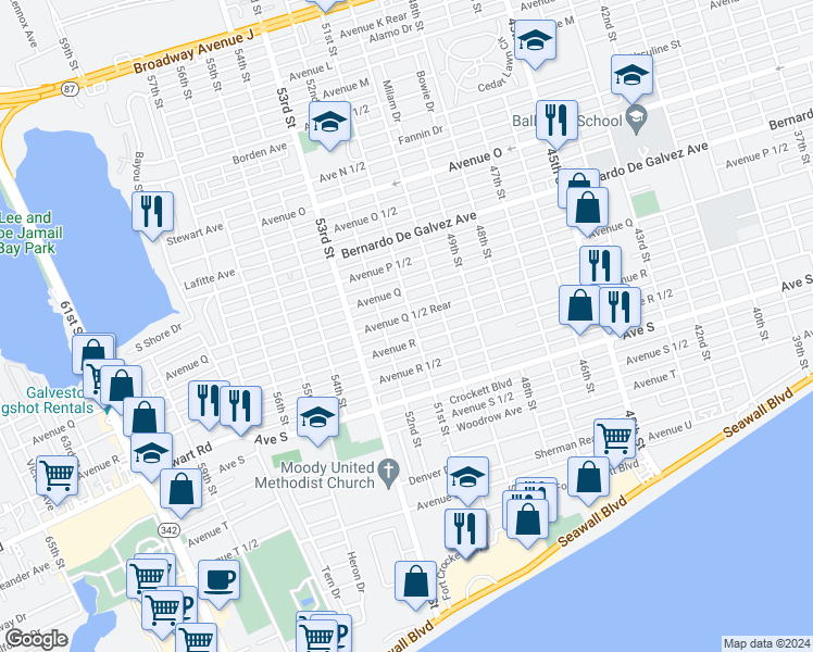 map of restaurants, bars, coffee shops, grocery stores, and more near 2111 51st Street in Galveston