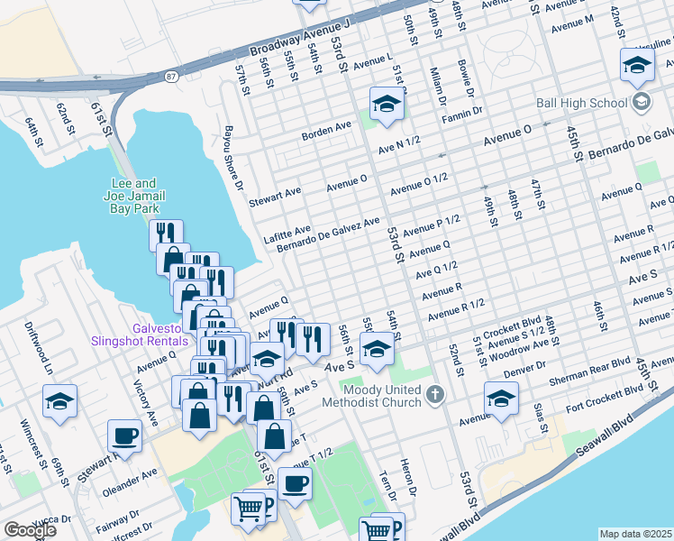 map of restaurants, bars, coffee shops, grocery stores, and more near 2012 55th Street in Galveston