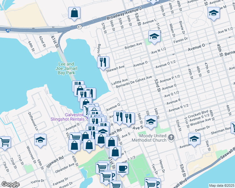map of restaurants, bars, coffee shops, grocery stores, and more near 1908 Neumann Drive in Galveston
