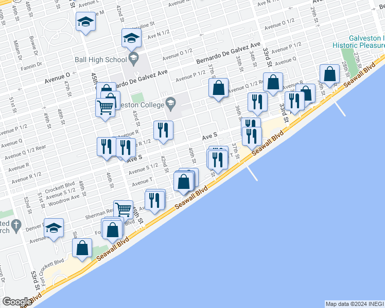 map of restaurants, bars, coffee shops, grocery stores, and more near 2598 40th Street in Galveston