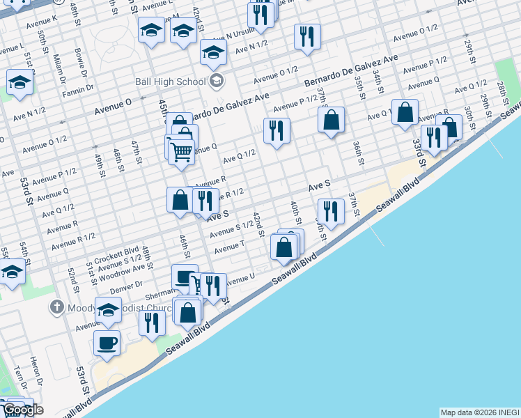 map of restaurants, bars, coffee shops, grocery stores, and more near 4120 Avenue S in Galveston