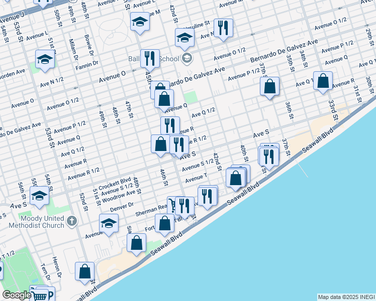 map of restaurants, bars, coffee shops, grocery stores, and more near 2321 44th Street in Galveston
