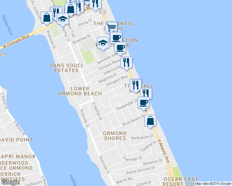 map of restaurants, bars, coffee shops, grocery stores, and more near 20 Cypress Circle in Ormond Beach