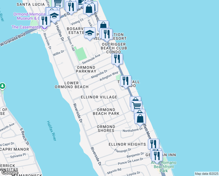 map of restaurants, bars, coffee shops, grocery stores, and more near 32 Byron Ellinor Drive in Ormond Beach