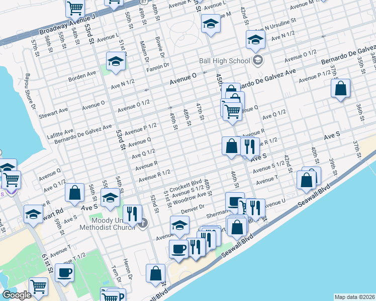 map of restaurants, bars, coffee shops, grocery stores, and more near 4820 Avenue R in Galveston