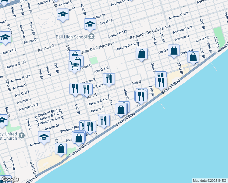 map of restaurants, bars, coffee shops, grocery stores, and more near 4120 Avenue S in Galveston