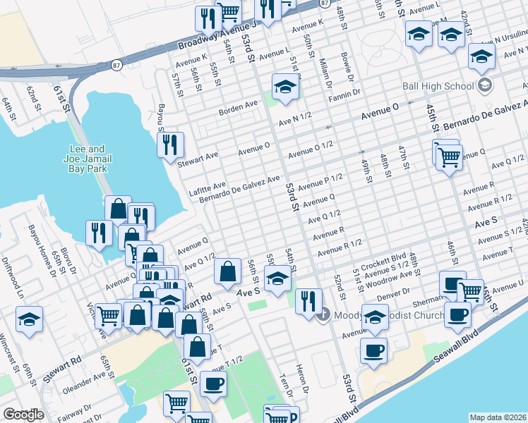 map of restaurants, bars, coffee shops, grocery stores, and more near 2012 55th Street in Galveston