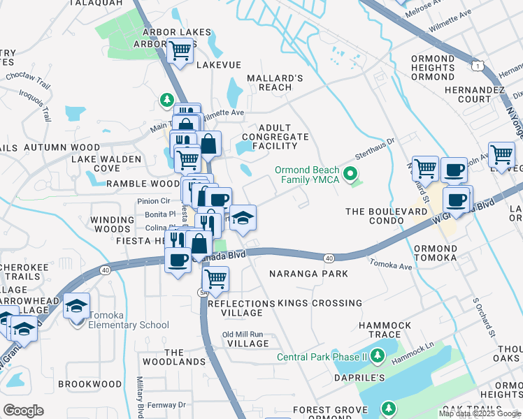 map of restaurants, bars, coffee shops, grocery stores, and more near 600 Sterthaus Drive in Ormond Beach