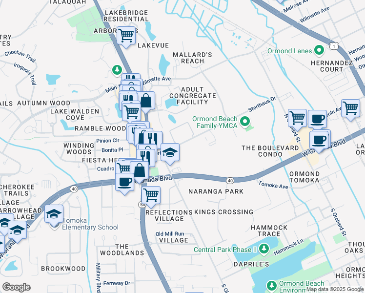 map of restaurants, bars, coffee shops, grocery stores, and more near 600 Sterthaus Drive in Ormond Beach