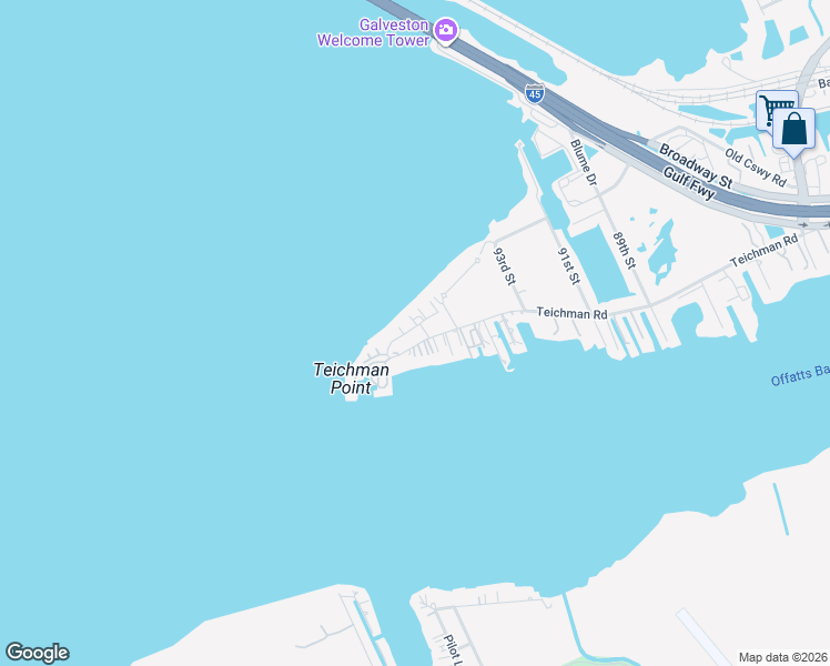 map of restaurants, bars, coffee shops, grocery stores, and more near 9612 Schattel Lane in Galveston