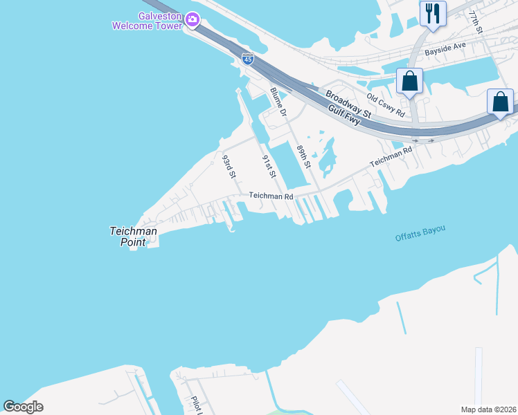 map of restaurants, bars, coffee shops, grocery stores, and more near 9203 Teichman Road in Galveston