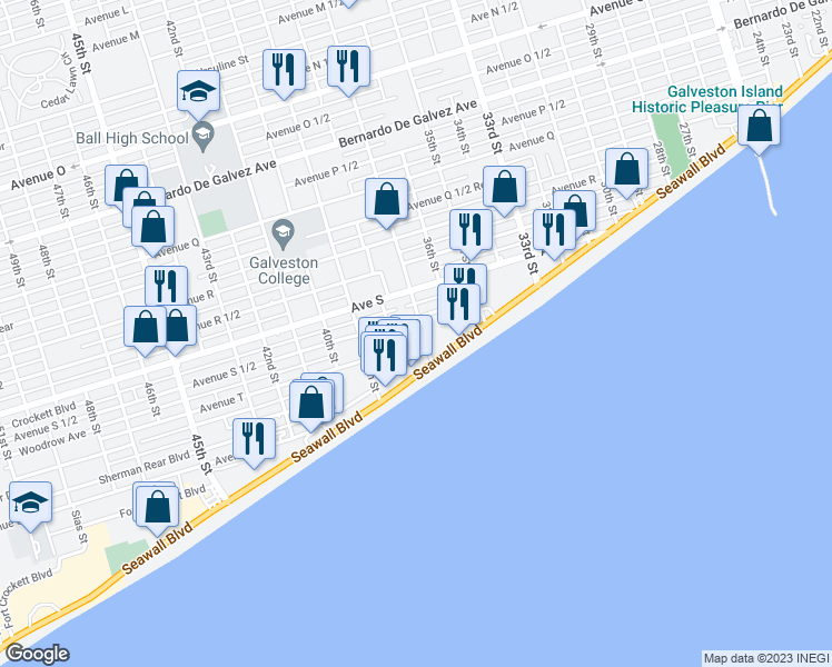 map of restaurants, bars, coffee shops, grocery stores, and more near 2615 37th Street in Galveston