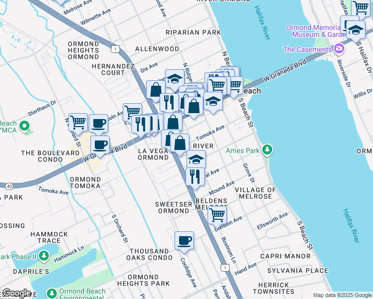 map of restaurants, bars, coffee shops, grocery stores, and more near 184 Tomoka Avenue in Ormond Beach