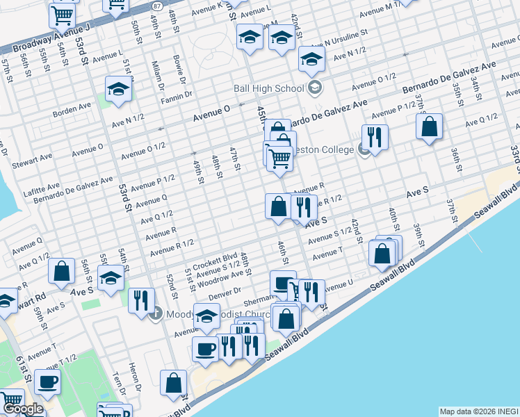 map of restaurants, bars, coffee shops, grocery stores, and more near 4615 Avenue R in Galveston