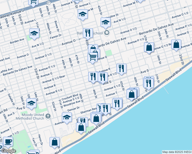 map of restaurants, bars, coffee shops, grocery stores, and more near 2315 45th Street in Galveston