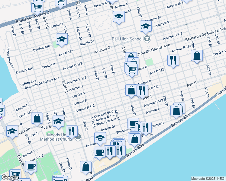 map of restaurants, bars, coffee shops, grocery stores, and more near 4720 Avenue R in Galveston
