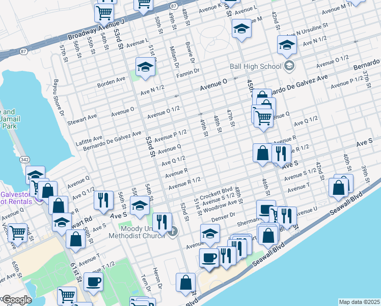 map of restaurants, bars, coffee shops, grocery stores, and more near 5012 Avenue Q 1/2 in Galveston