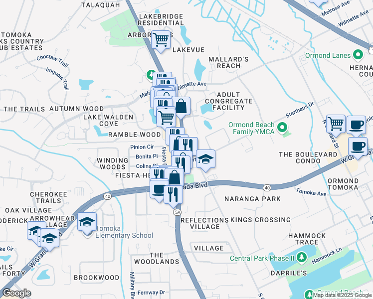 map of restaurants, bars, coffee shops, grocery stores, and more near 106 North Old Kings Road in Ormond Beach