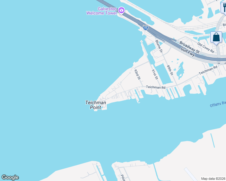 map of restaurants, bars, coffee shops, grocery stores, and more near 9612 Schattel Lane in Galveston