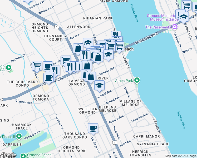 map of restaurants, bars, coffee shops, grocery stores, and more near 184 Tomoka Avenue in Ormond Beach