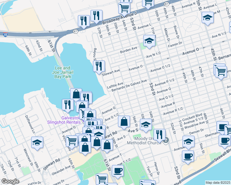 map of restaurants, bars, coffee shops, grocery stores, and more near 1908 Neumann Drive in Galveston