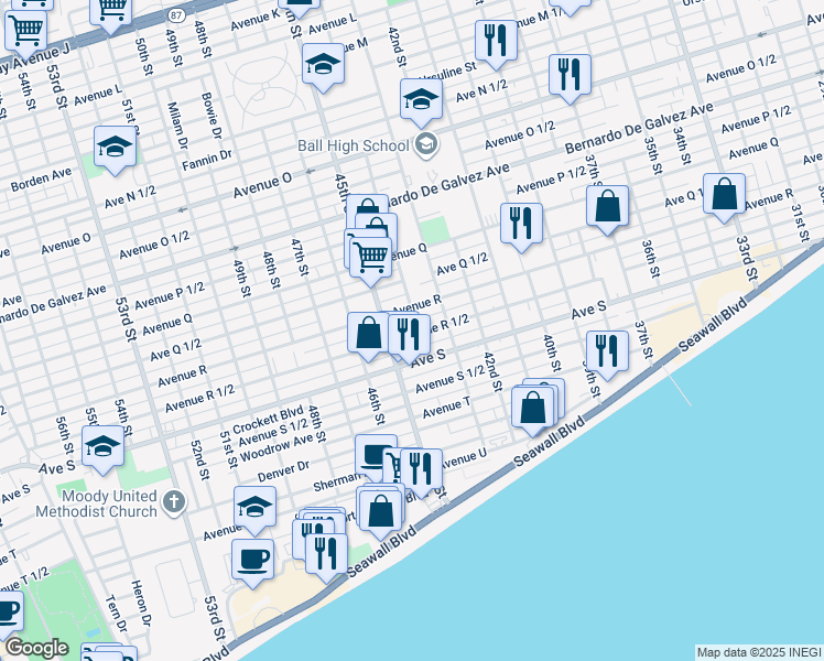 map of restaurants, bars, coffee shops, grocery stores, and more near 2321 44th Street in Galveston