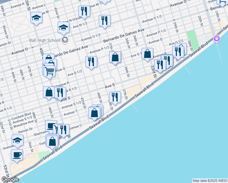 map of restaurants, bars, coffee shops, grocery stores, and more near 3802 Avenue South 1/2 in Galveston