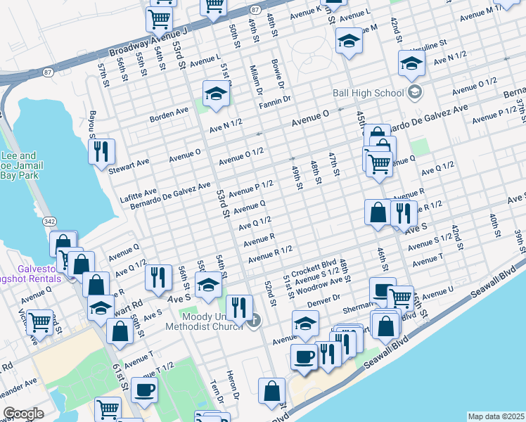 map of restaurants, bars, coffee shops, grocery stores, and more near 2111 51st Street in Galveston