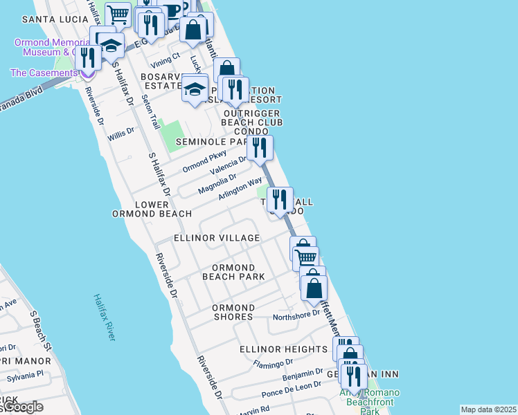 map of restaurants, bars, coffee shops, grocery stores, and more near 48 Byron Ellinor Drive in Ormond Beach