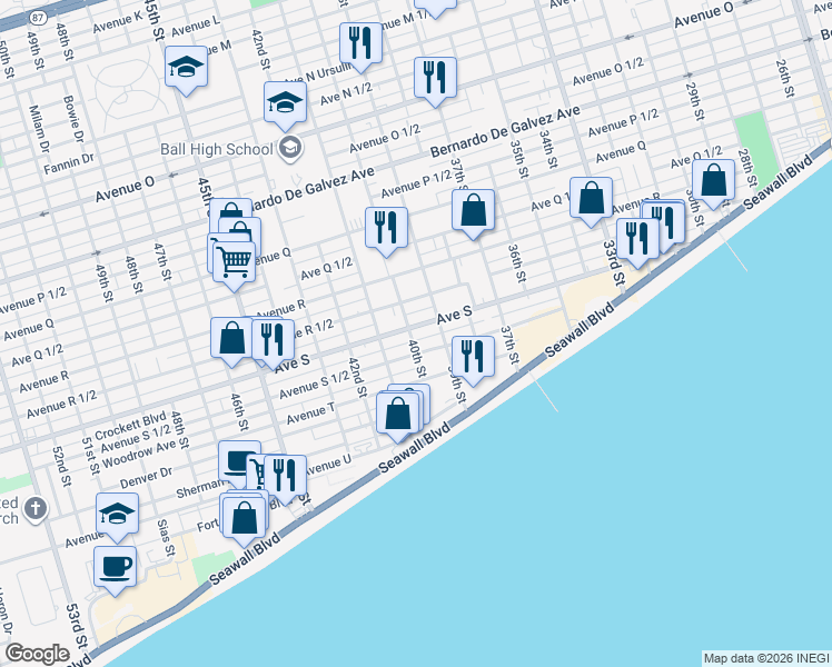 map of restaurants, bars, coffee shops, grocery stores, and more near 2506 40th Street in Galveston