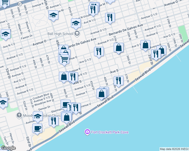 map of restaurants, bars, coffee shops, grocery stores, and more near 4106 Avenue S in Galveston