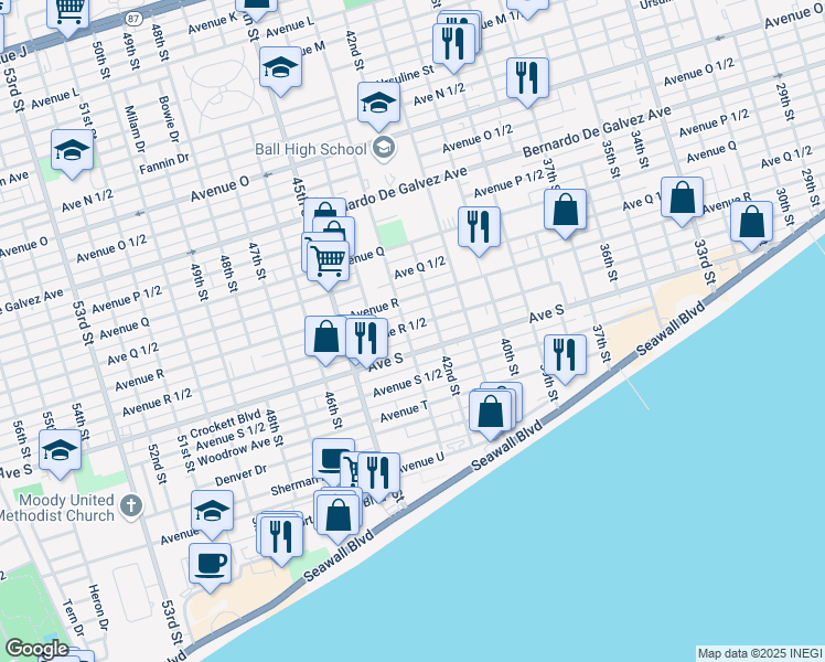 map of restaurants, bars, coffee shops, grocery stores, and more near 2402 43rd Street in Galveston