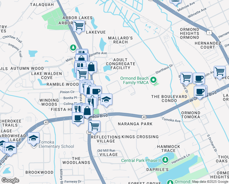 map of restaurants, bars, coffee shops, grocery stores, and more near 600 Sterthaus Drive in Ormond Beach