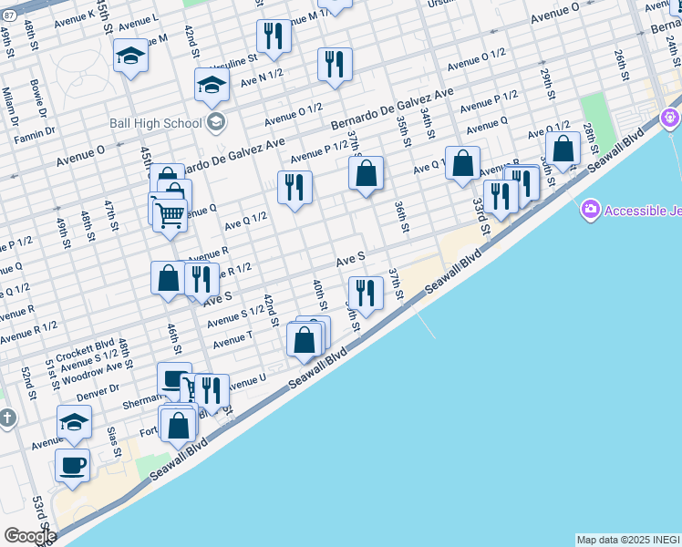 map of restaurants, bars, coffee shops, grocery stores, and more near 2519 39th Street in Galveston