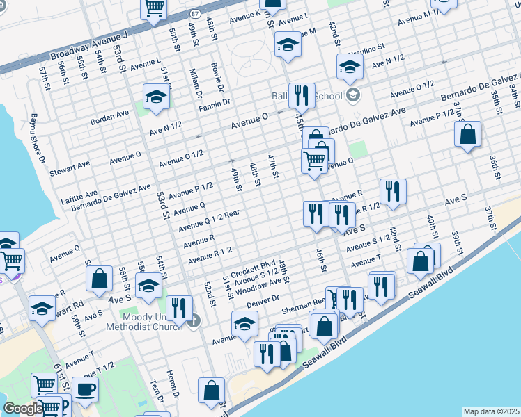 map of restaurants, bars, coffee shops, grocery stores, and more near 2201 48th Street in Galveston