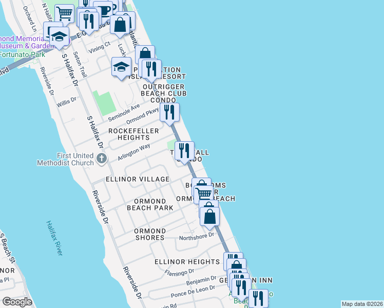 map of restaurants, bars, coffee shops, grocery stores, and more near in Ormond Beach