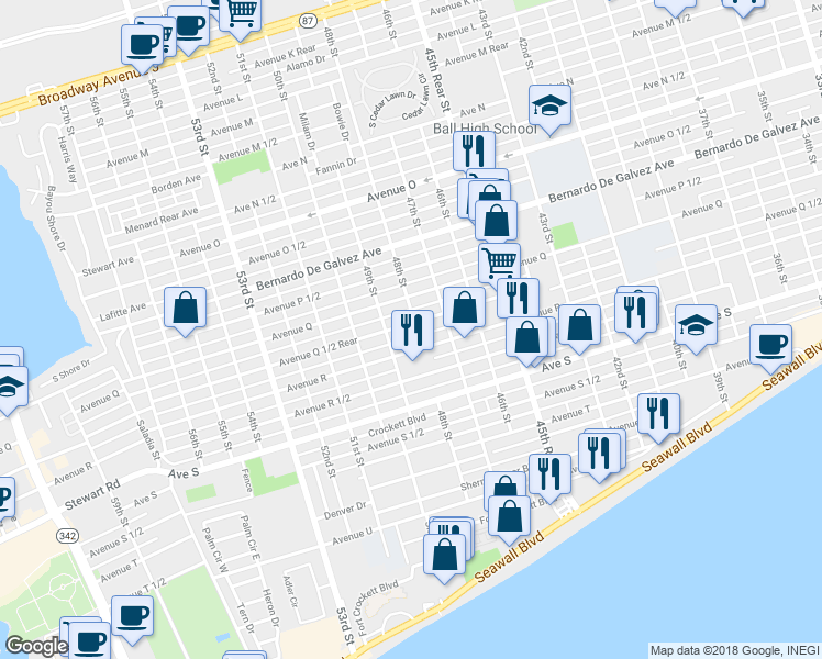 map of restaurants, bars, coffee shops, grocery stores, and more near 4720 Avenue R in Galveston