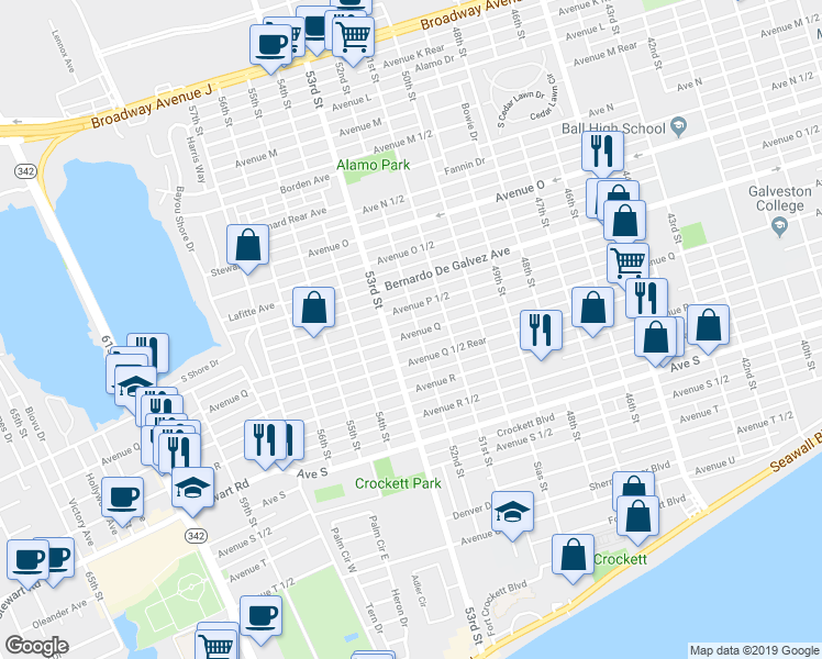map of restaurants, bars, coffee shops, grocery stores, and more near 5202 Avenue Q in Galveston