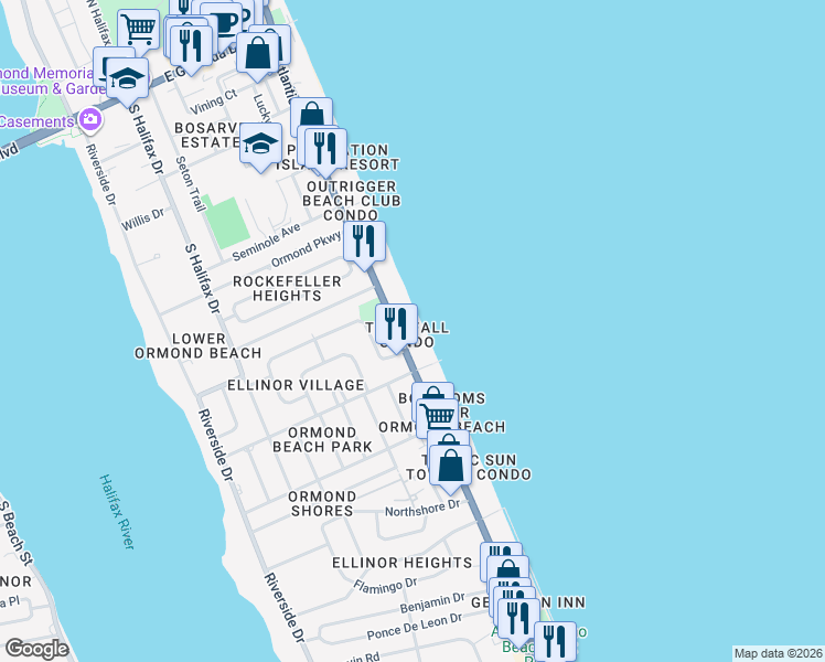map of restaurants, bars, coffee shops, grocery stores, and more near in Ormond Beach