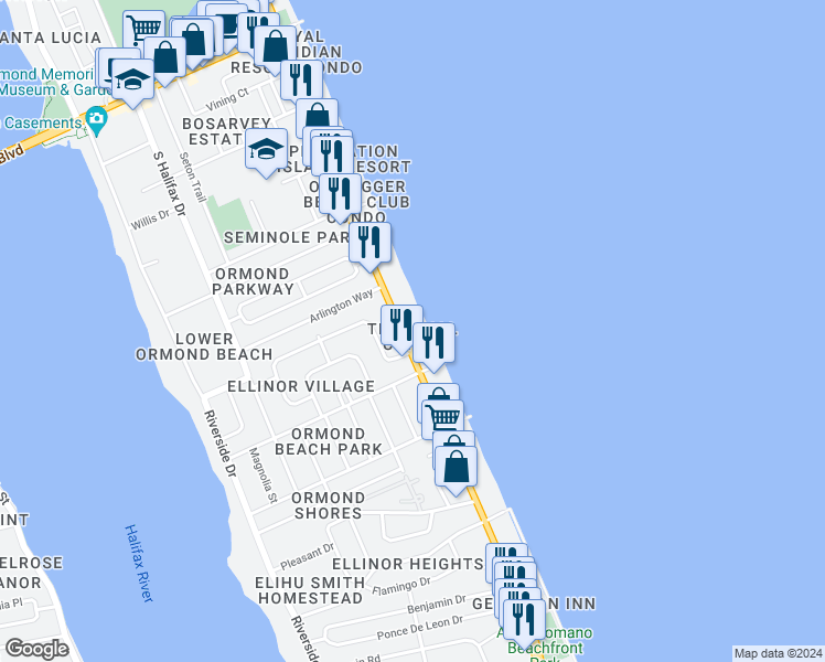 map of restaurants, bars, coffee shops, grocery stores, and more near 395 South Atlantic Avenue in Ormond Beach