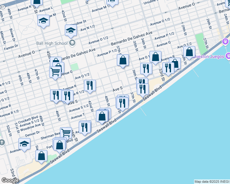 map of restaurants, bars, coffee shops, grocery stores, and more near 2519 39th Street in Galveston