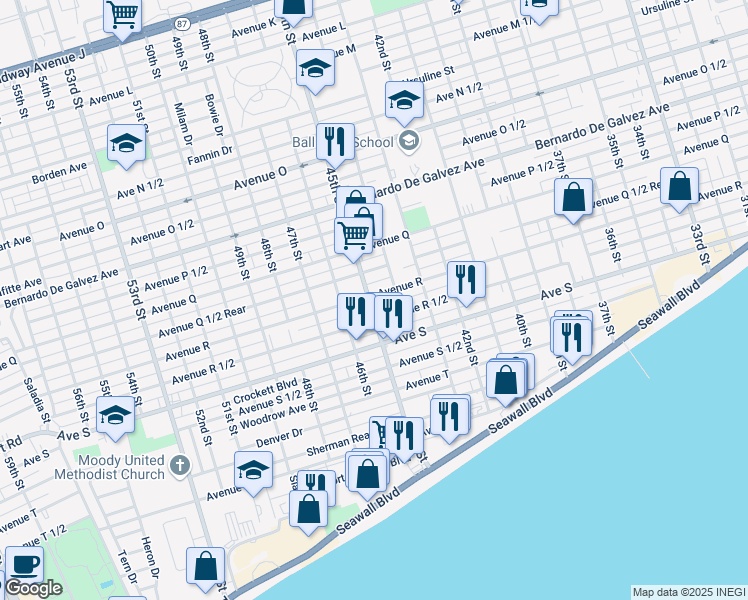 map of restaurants, bars, coffee shops, grocery stores, and more near 2315 45th Street in Galveston