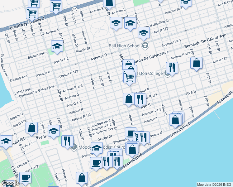 map of restaurants, bars, coffee shops, grocery stores, and more near 4615 Avenue R in Galveston