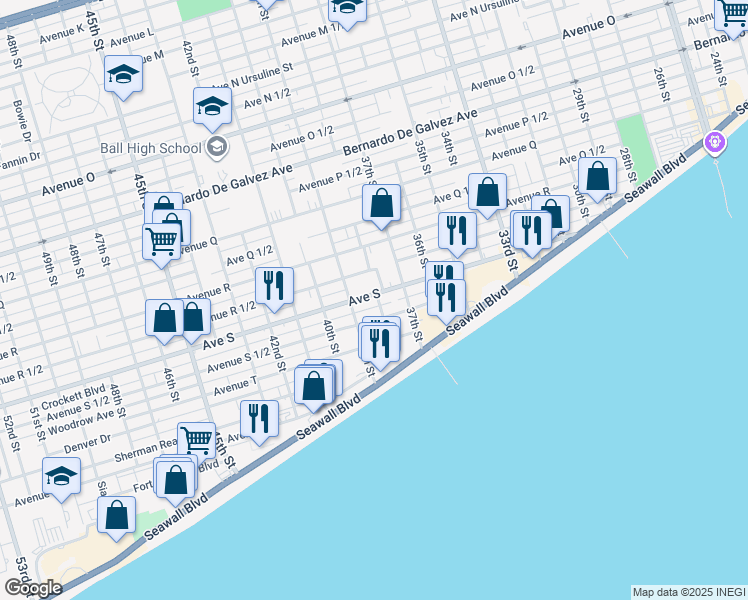 map of restaurants, bars, coffee shops, grocery stores, and more near 3802 1/2 Avenue South 1/2 in Galveston