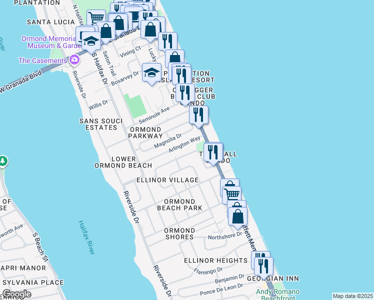 map of restaurants, bars, coffee shops, grocery stores, and more near 32 Byron Ellinor Drive in Ormond Beach
